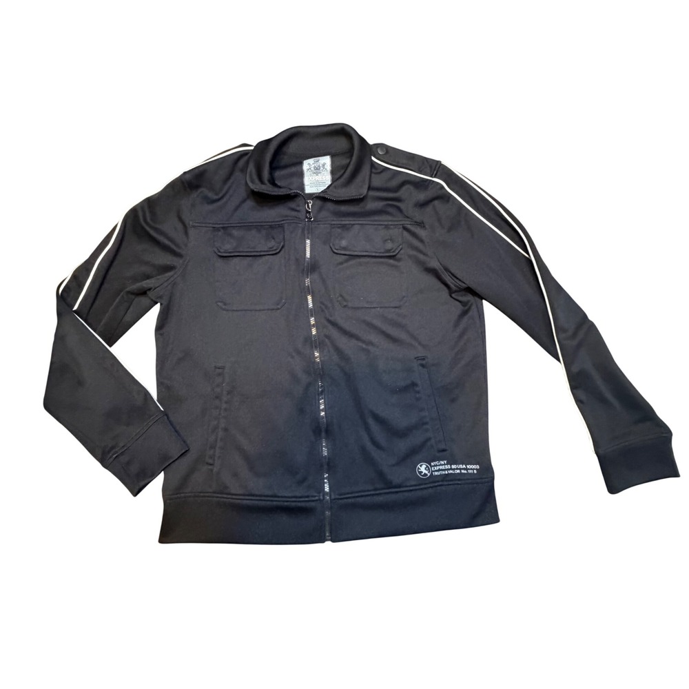 Y2K Express Mens Black Full Zip Track‎ Jacket White Side Stripe Lion Logo Large
